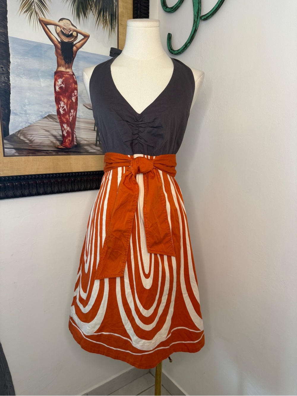Anthropologie Maeve Halter Dress Orange White Graphic Print Tie Waist